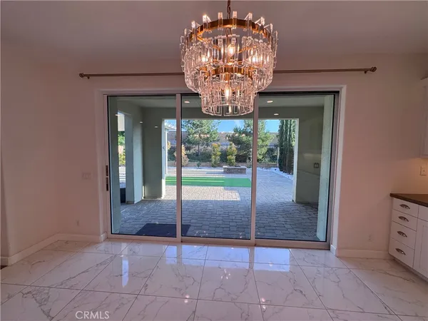 a view of a chandelier in a room