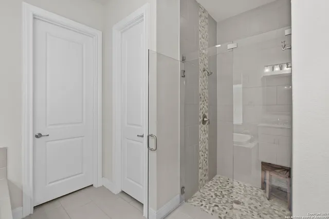 a bathroom with a shower and a toilet