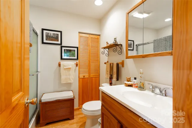 a bathroom with a sink a toilet a mirror and shower curtain