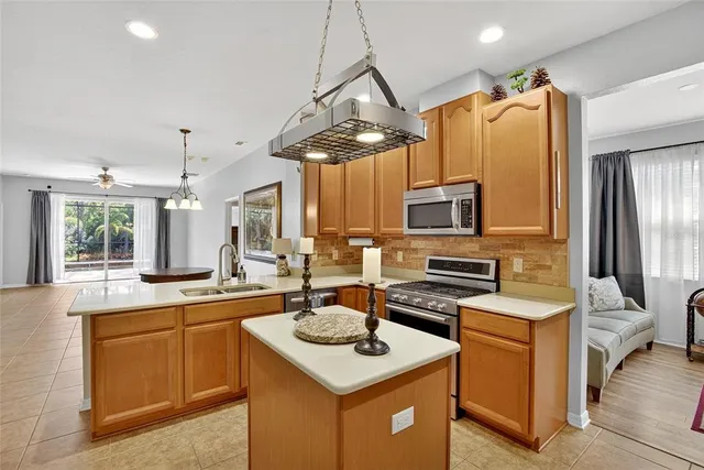 a kitchen with a sink a counter space appliances and cabinets