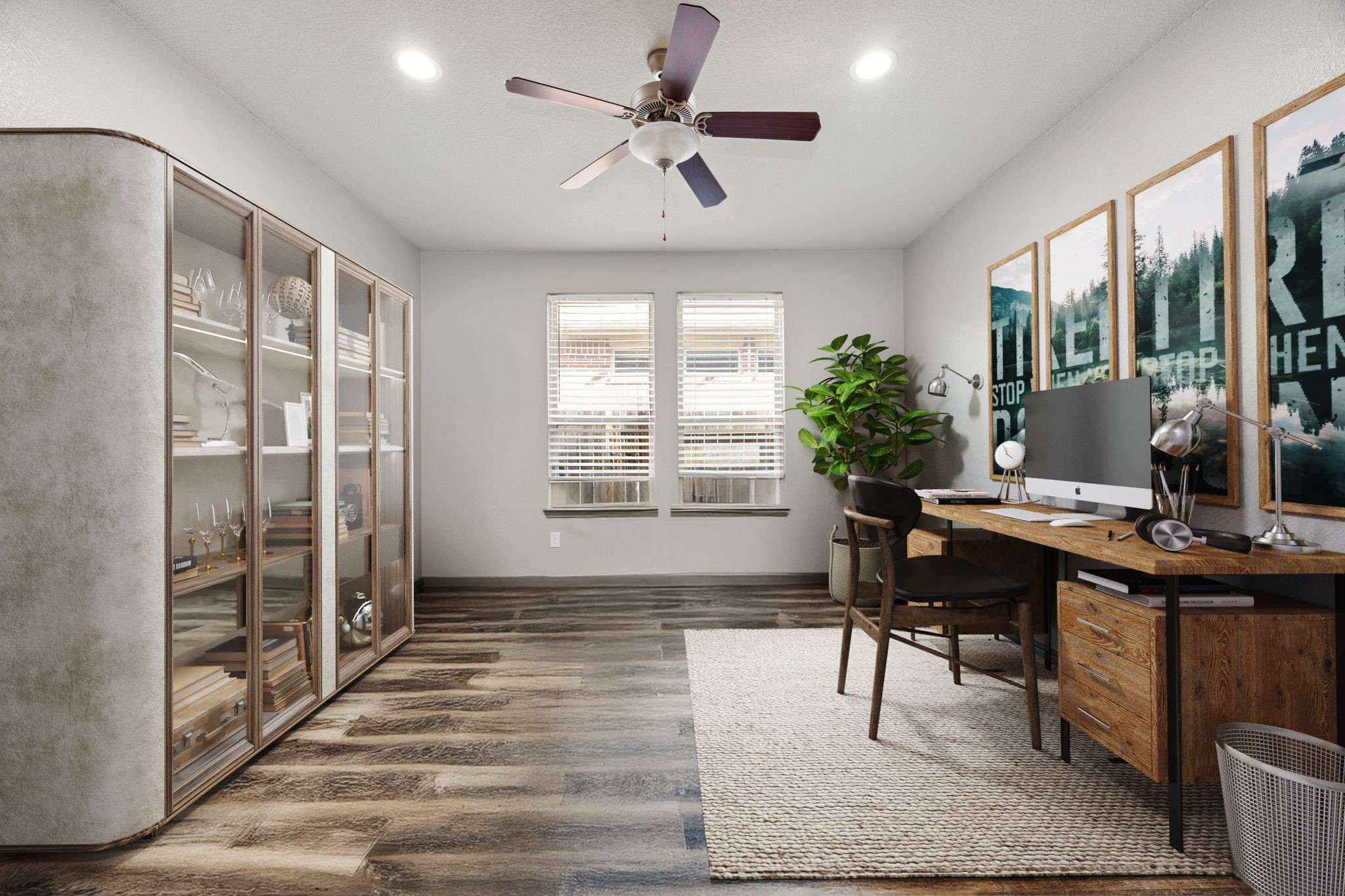 14023 Beaverhead Range Court Conroe, TX 77384 - Photo 12 of 29 Discover the perfect space for productivity and focus in this dedicated home office. This room is ideal for remote work, study, or creative pursuits, offering a quiet retreat within the home. Featuring wood flooring, recessed lighting, ceiling fan, and large windows with blinds. *Virtually Staged