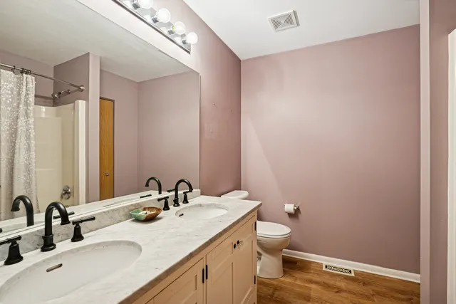 a bathroom with a double vanity sink toilet and a mirror