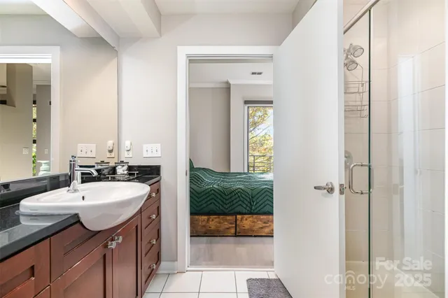 a bathroom with a sink a mirror and a shower