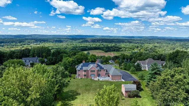 a view of a big yard with swimming pool and green space