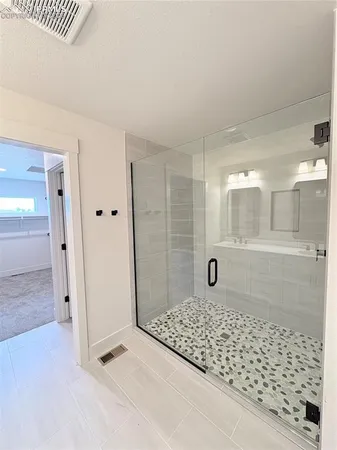 a bathroom with a granite countertop sink a mirror and shower