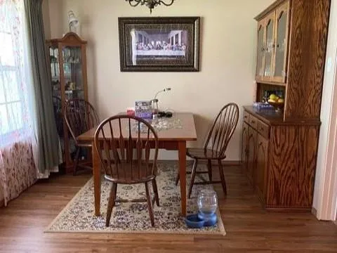 a view of a dining room with furniture window and wooden floor