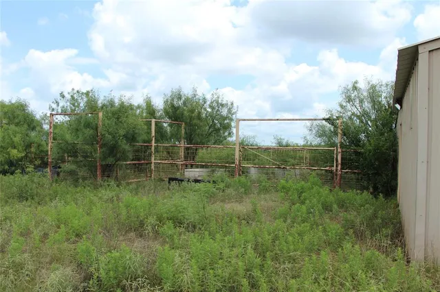 a view of a green field with trees in the background