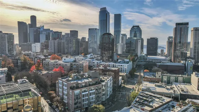 a city view with tall buildings