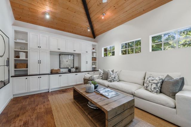 a living room with furniture potted plant and a table