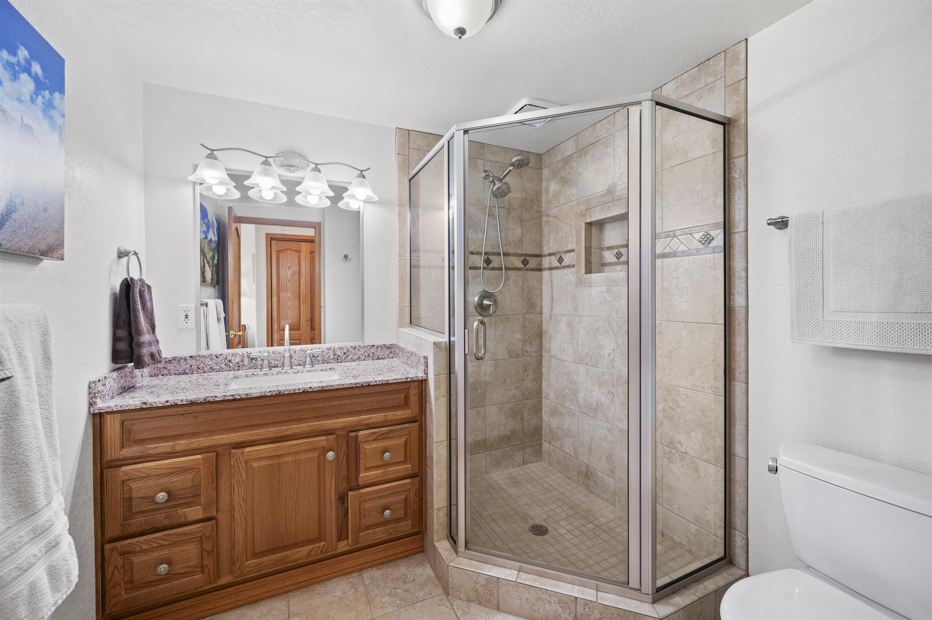 6800 Reeder Mesa Road Whitewater, CO 81527 - Photo 16 of 38 a bathroom with a granite countertop sink a mirror and a shower
