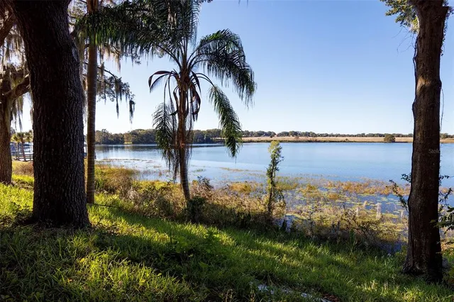 a view of a lake with a beach