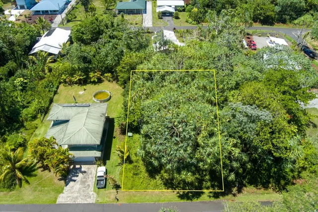 an aerial view of a house with a yard and trees