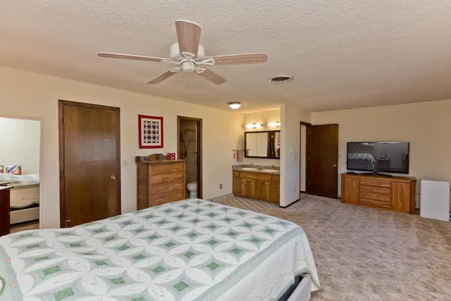 a bedroom with a bed and a television in it