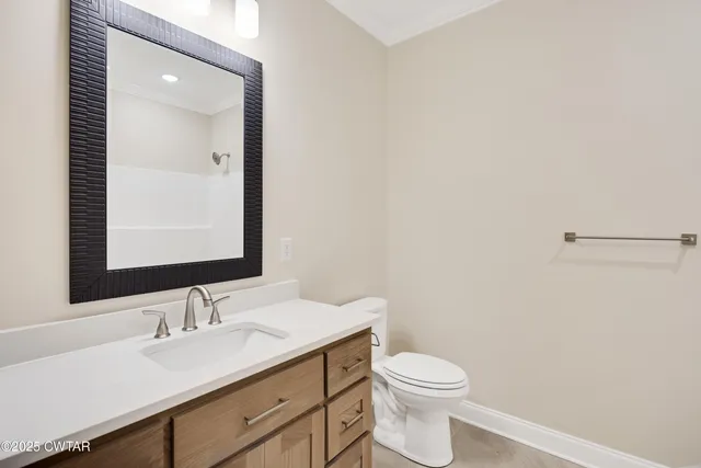 a bathroom with a sink a toilet and vanity