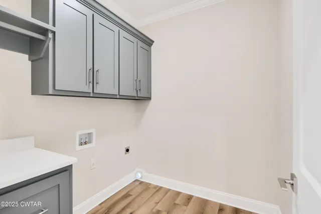 a view of storage and utility room with wooden floor