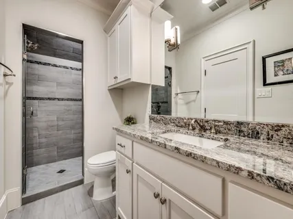 a bathroom with a granite countertop sink a toilet and shower