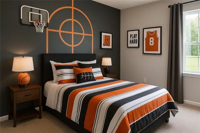 a view of a bedroom with furniture and windows