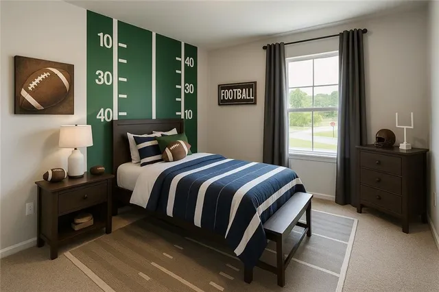 a bedroom with a bed and a painting on the wall