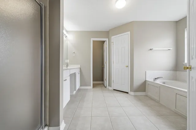 a bathroom with a bathtub