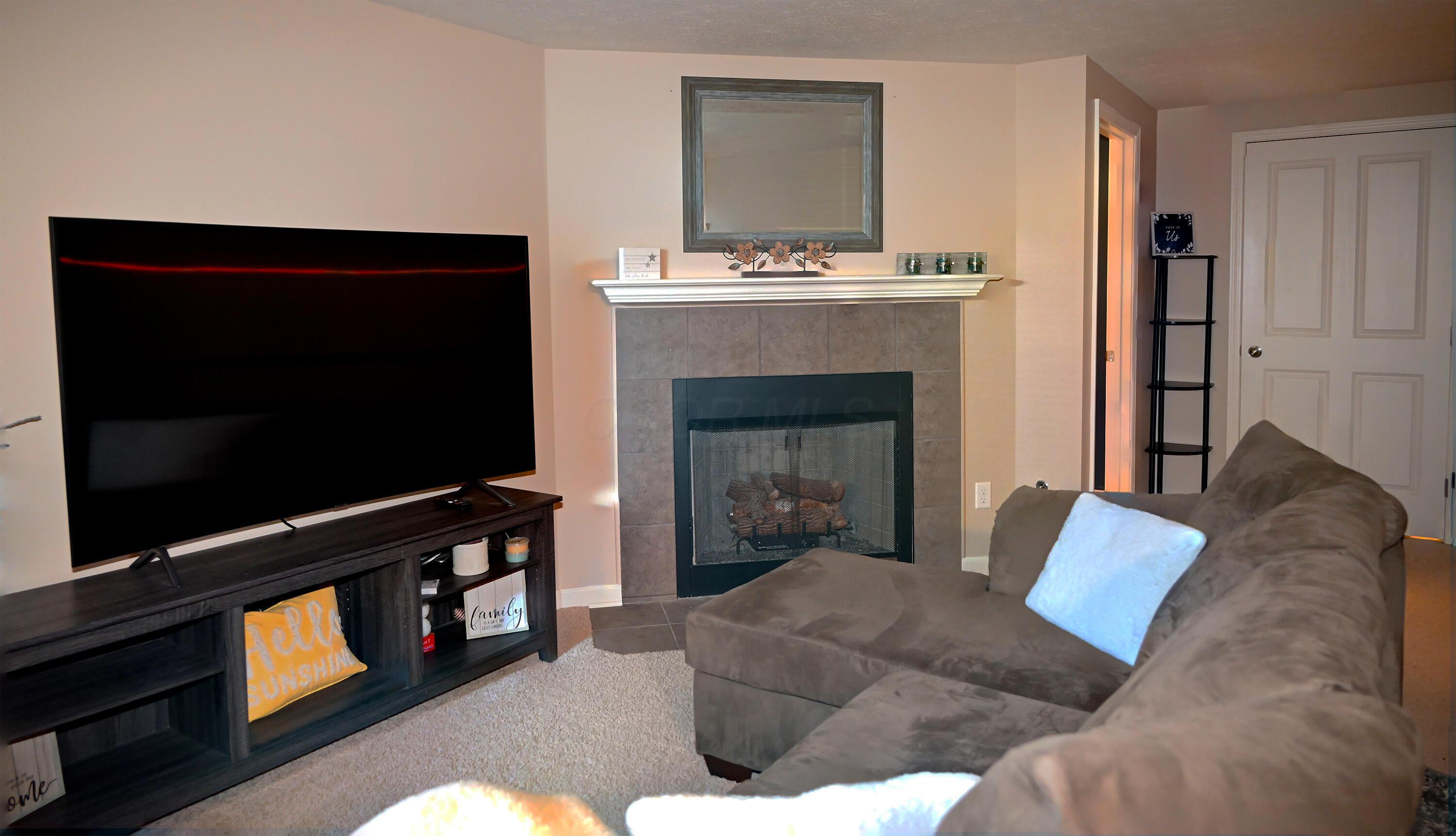 8289 Bruntsfield Road Columbus, OH 43235 - Photo 15 of 36 Comfortable lower-level family room showcasing a gas fireplace, neutral décor, and generous space for seating, recreation, or movie nights.