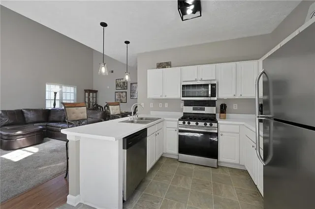 a kitchen with a stove sink and refrigerator