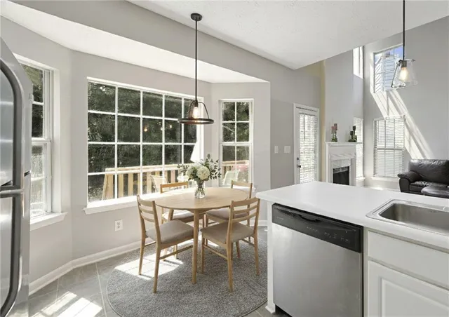 a view of a dining room with furniture window and outside view