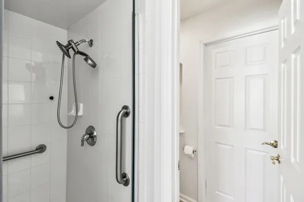 a view of a room with racks on the wall