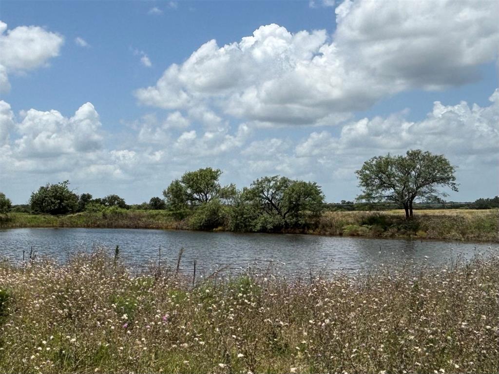 a view of a lake with houses in back