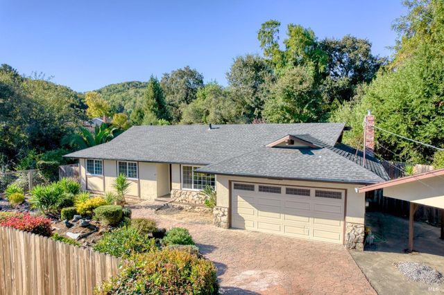 a view of a house with a yard plants and large tree