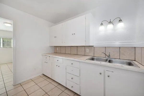 a view with cabinets