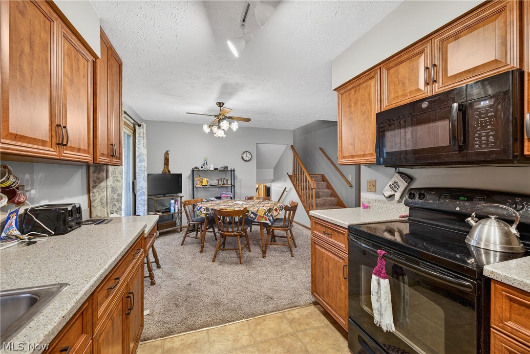 4404 Florida Street Perry, OH 44081 - Photo 8 of 24 Kitchen featuring black appliances, wood finish cabinetry, ceiling fan, light carpet, and a textured ceiling