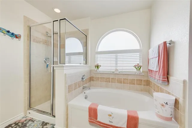 a bathroom with a bathtub and a shower