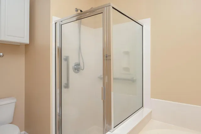 a bathroom with a shower and a toilet