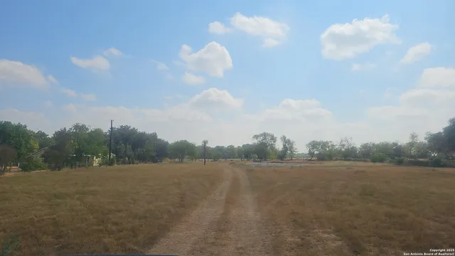 a view of a field with trees in background