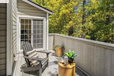 a view of a balcony with chair and potted plant