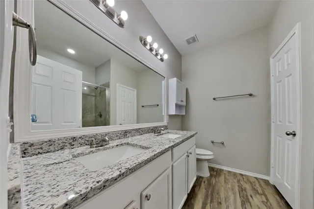a bathroom with a granite countertop sink a toilet and a large mirror