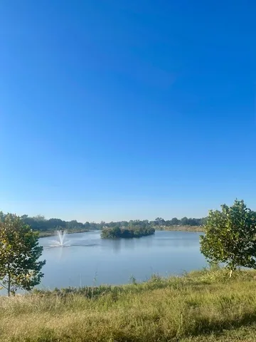 a view of a lake with houses in the back