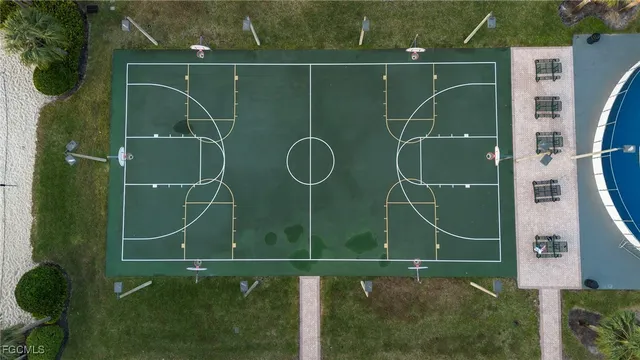 an aerial view of a swimming pool