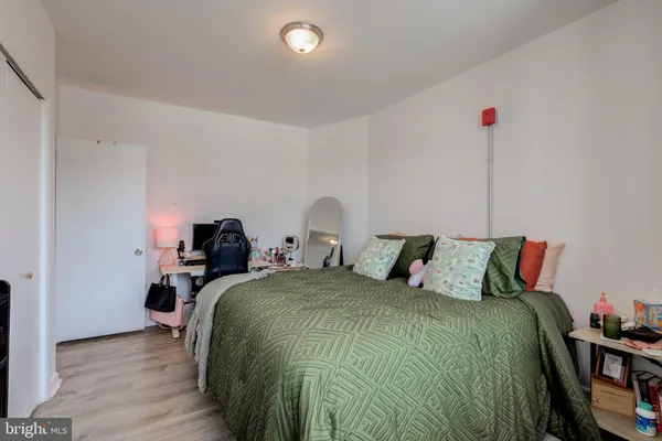 a bed room with a bed and a closet