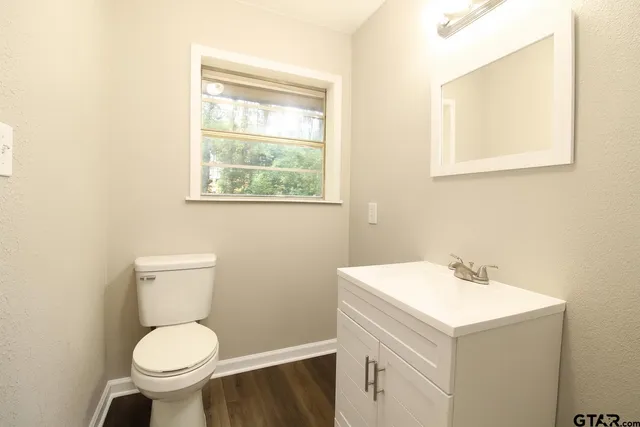 a bathroom with a toilet sink and mirror