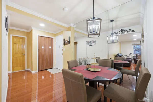 a view of a dining room with furniture