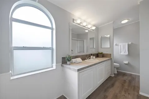 a view of a bathroom with a granite countertop sink a toilet and a large mirror