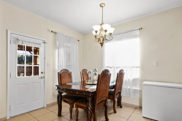 a view of a dining room with furniture window and outside view