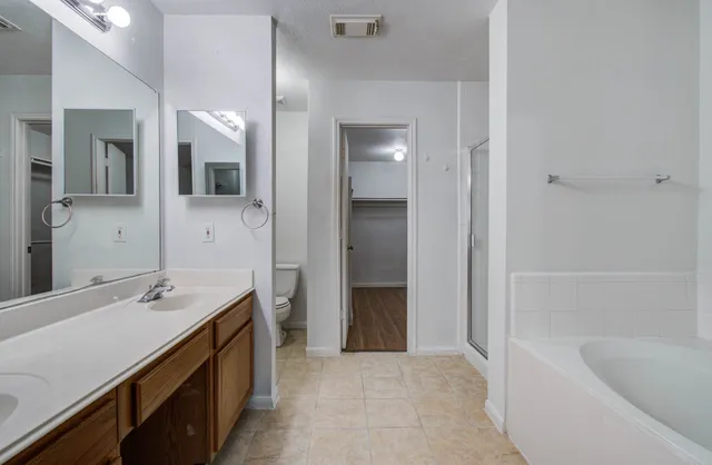 a bathroom with a tub sink and mirror