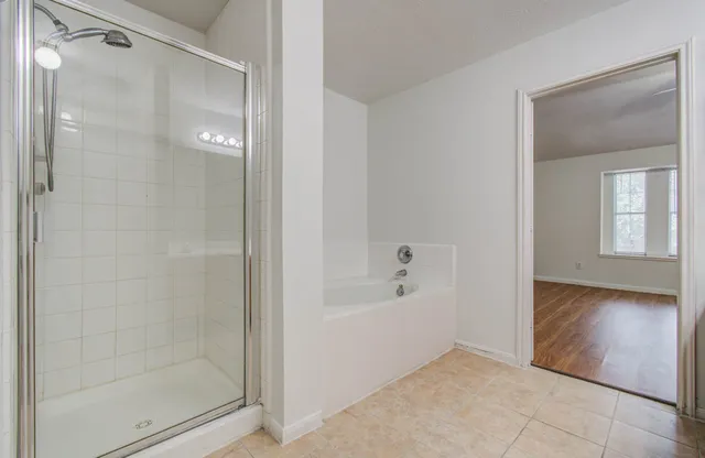 a bathroom with a bathtub and a shower