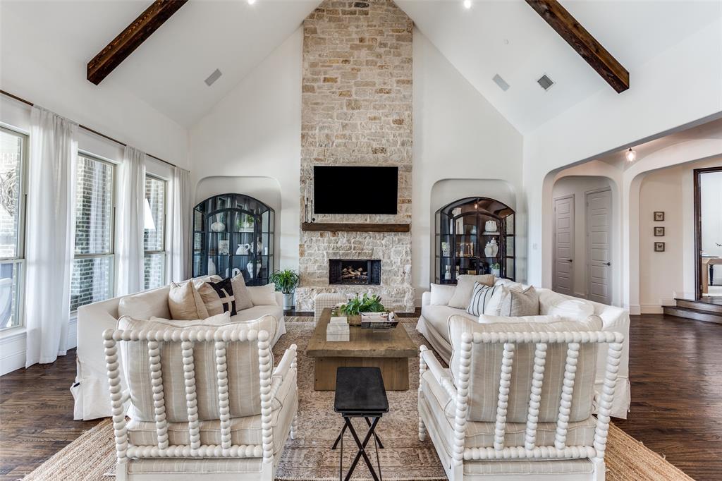 a living room with furniture fireplace and flat screen tv