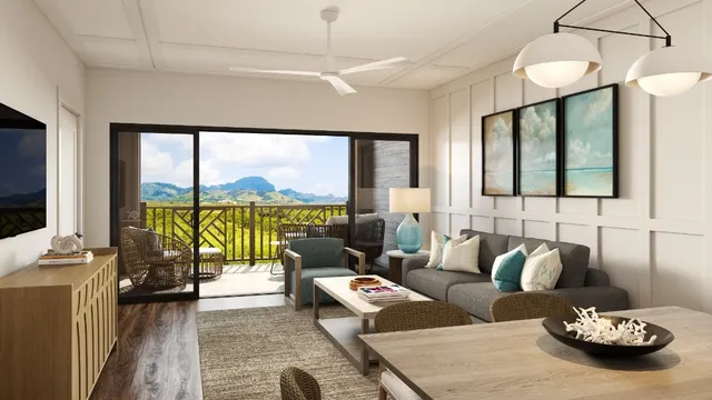 a living room with furniture and a floor to ceiling window