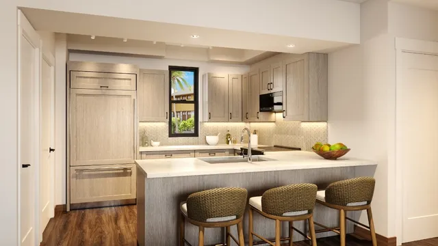 a dining room with table chairs and wooden floor