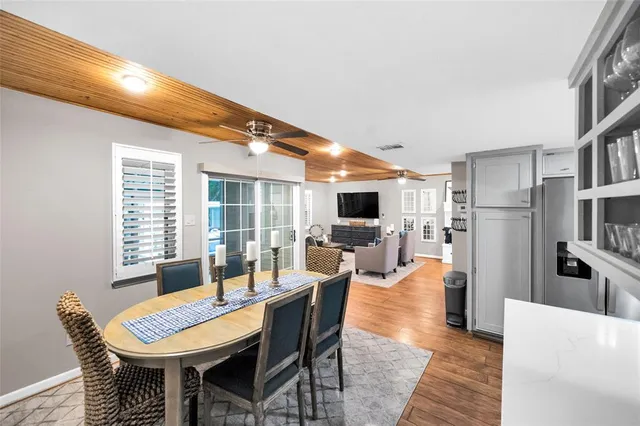 a view of a dining room with furniture