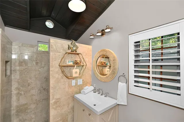 a bathroom with a sink mirror vanity and a shower